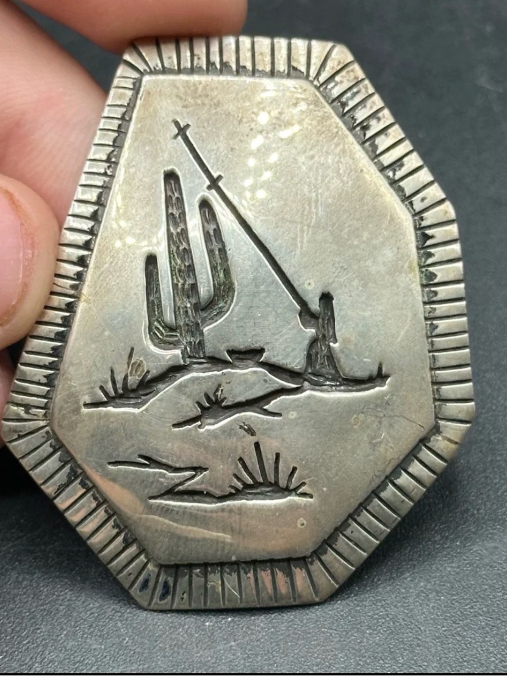 Authentic Rick Manuel Tohono O'odham Sterling Silver Overlay Pendant